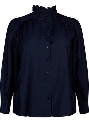 Viscose shirt blouse with ruffles, Sky Captain, Packshot image number 0