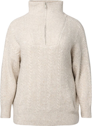 Sweater in cable knit with zipper, Pumice Stone Mel., Packshot image number 0