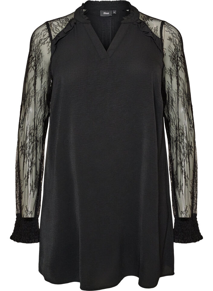 Tunic with sheer lace sleeves, Black, Packshot image number 0