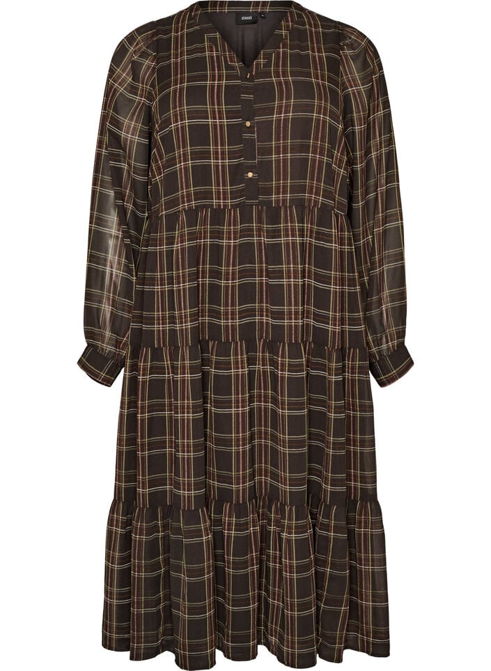 Checked midi dress with a tiered skirt, Brown, Packshot