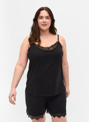 Cotton night top with lace trim, Black, Model image number 0