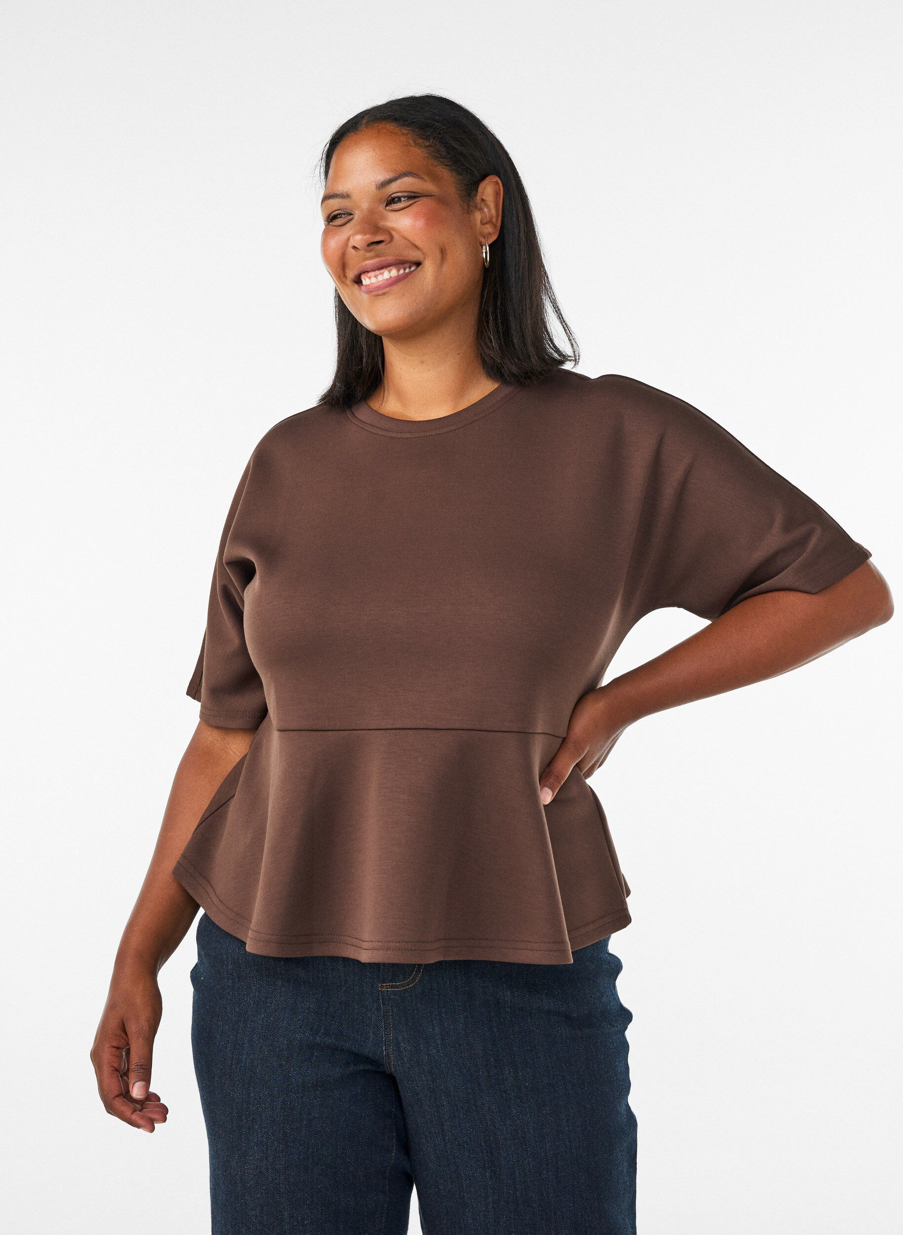 Peplum blouse with elbow-length sleeves, Brown, Model