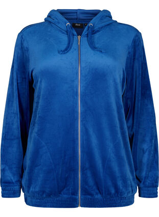 Velour cardigan with zipper and hood, Monaco Blue, Packshot image number 0