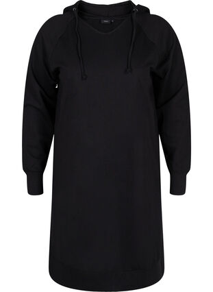 Sweater dress with hood and print details, Black Solid, Packshot image number 0
