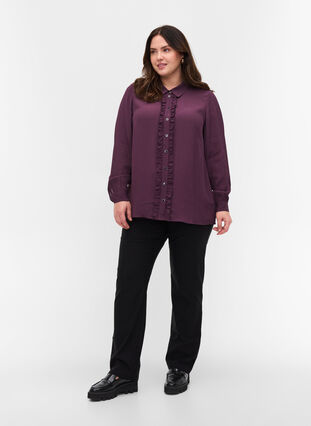Viscose shirt with buttons and frill details, Plum Perfect, Model image number 2