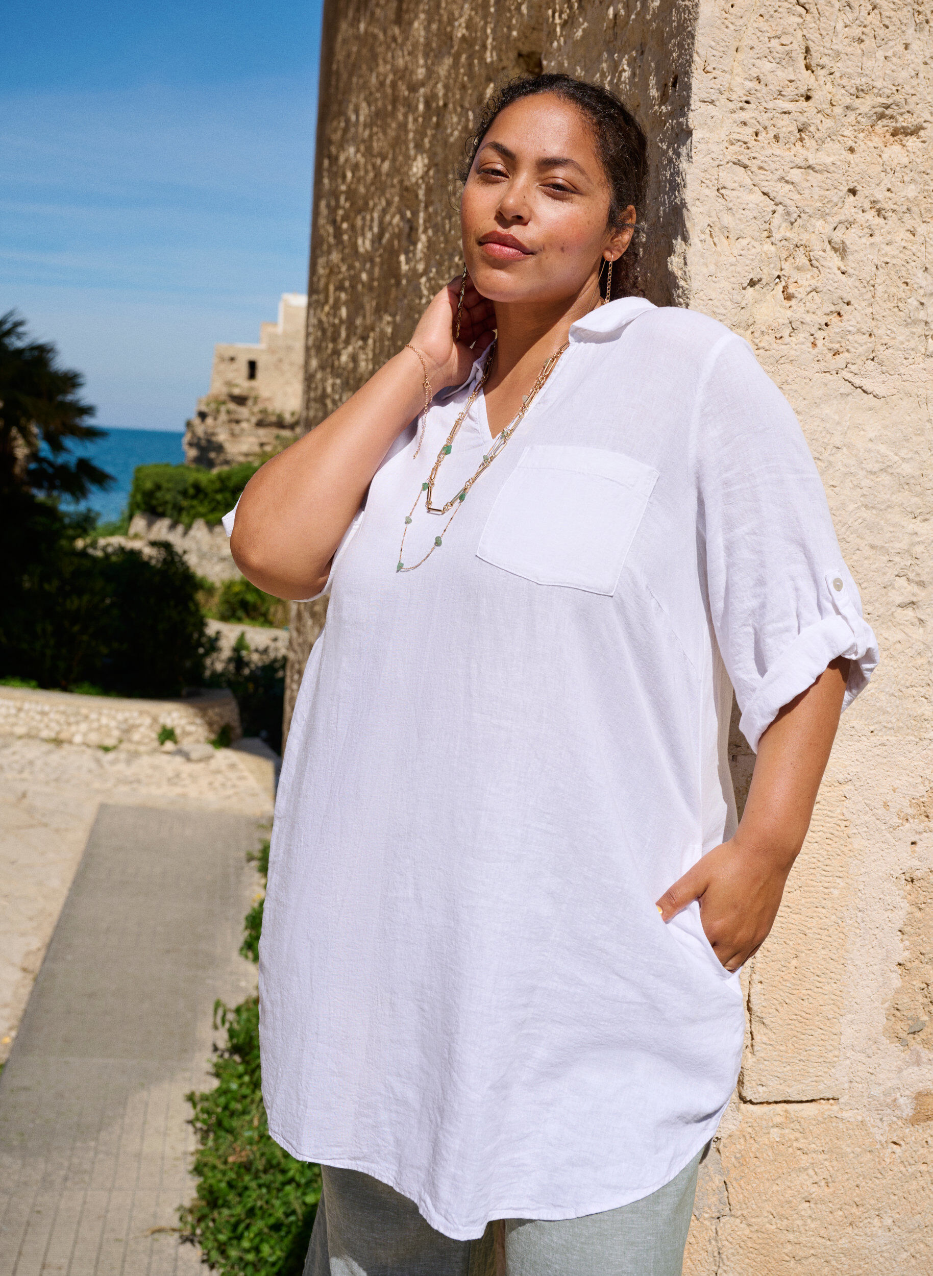 ZizzifashionLinen and viscose tunic with A-shape, White, Image image number 0