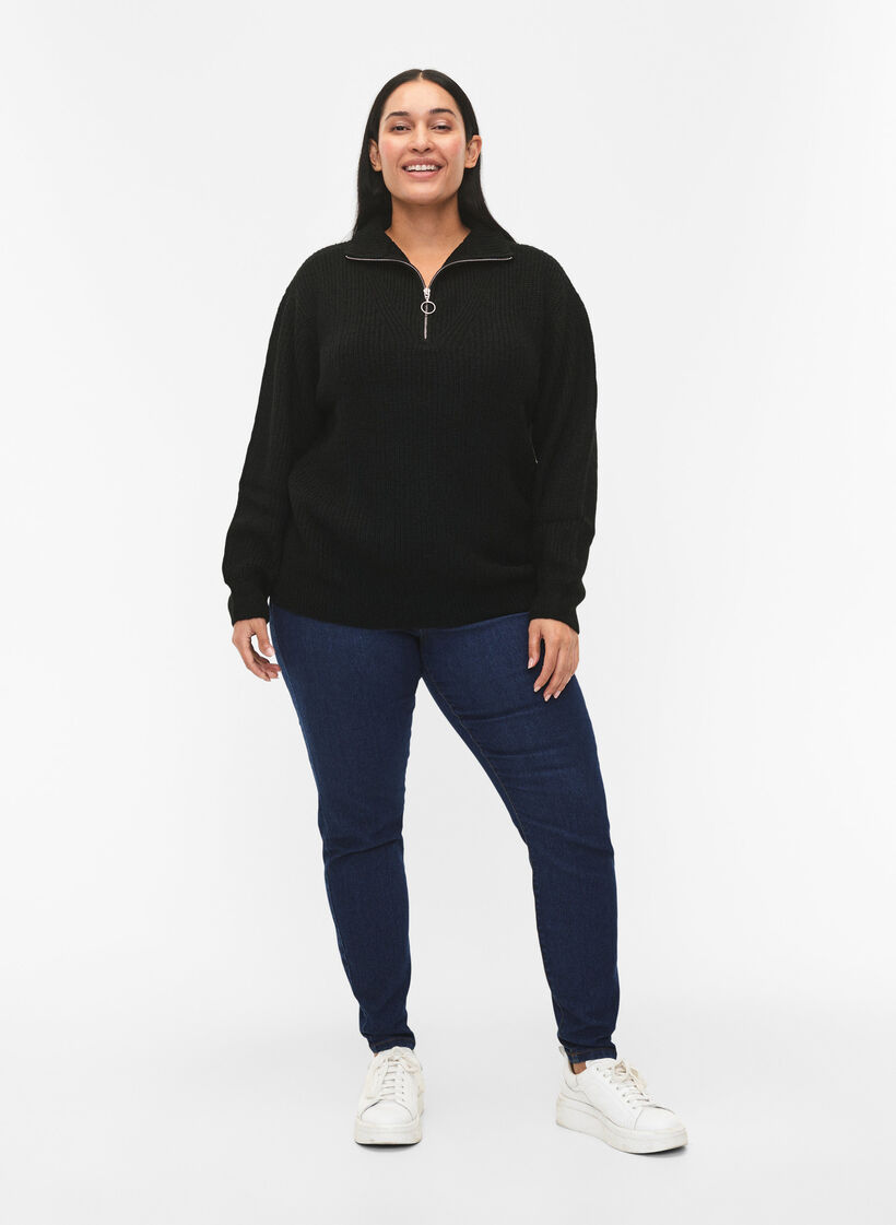 Knitted sweater with high neck and zipper, Black, Model image number 1