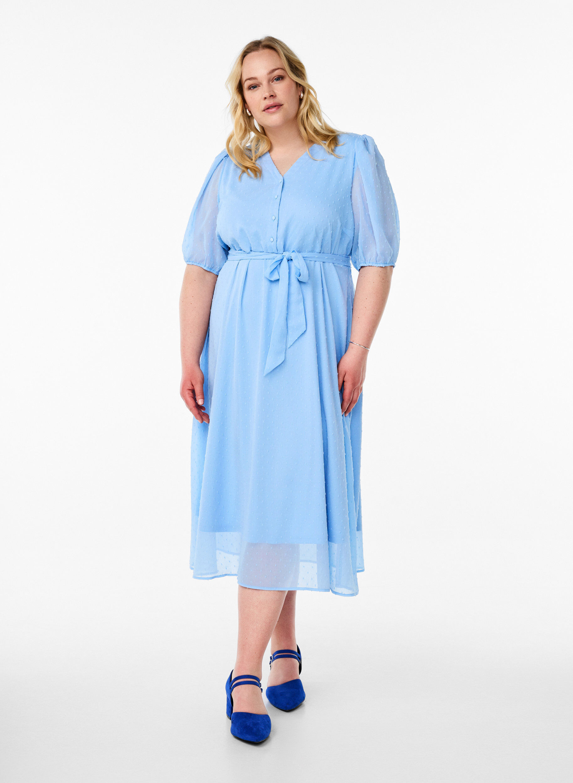 V-neck midi dress with tie fastening, Light Blue, Model