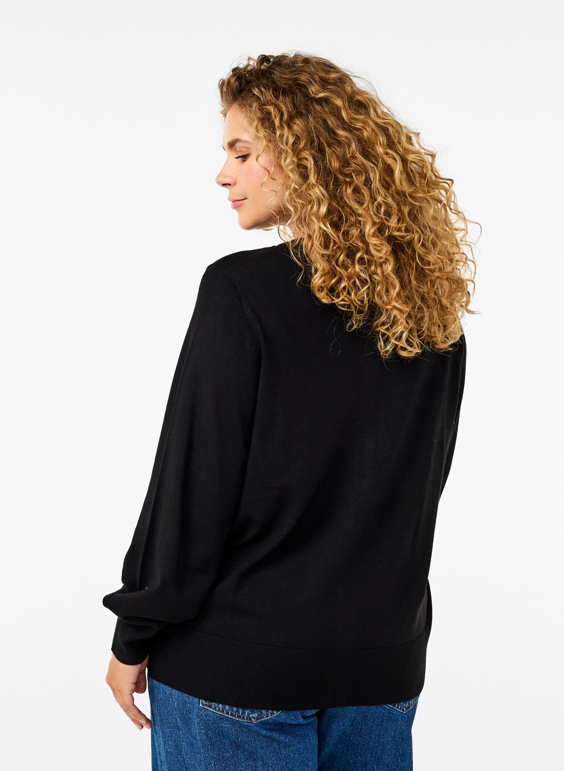 ZizzifashionKnitted cardigan with round neck and buttons, Black, Model image number 2