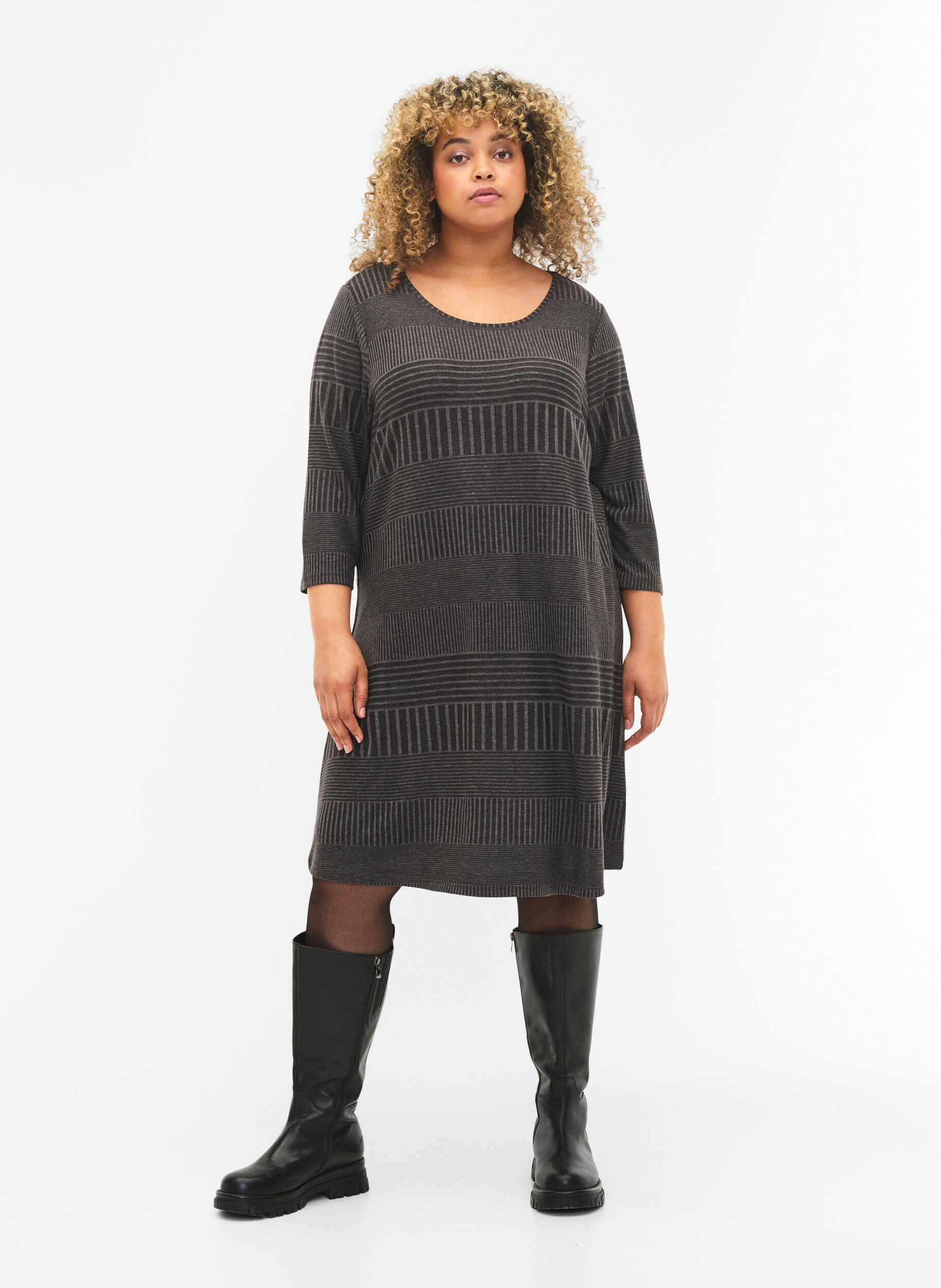 Zizzifashion Dress with 3/4 sleeves and striped pattern, Dark Grey M&eacute;lange, Model image number 2