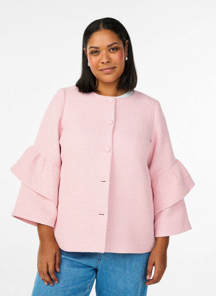 Boucl&eacute; jacket with ruffle details, Pink, Model image number 0