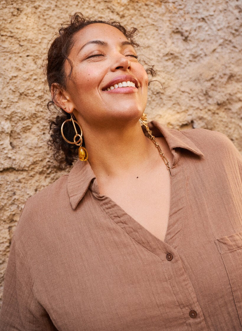 Cotton muslin blouse with short sleeves, Brown, Image image number 0