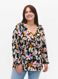 Printed blouse with ruffles , Black Multi Flower, Model