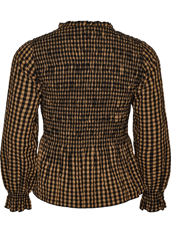 Checked blouse with smocking and peplum, Brown, Packshot image number 1