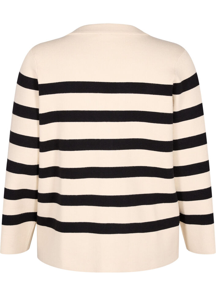Striped knitted cardigan with V-neck, Birch w. Black, Packshot image number 1