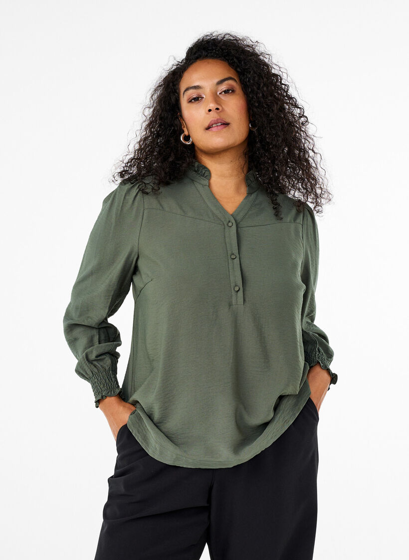 Blouse with ruffle collar, Green, Model image number 0