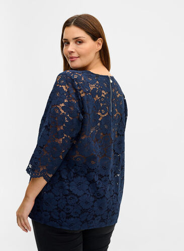 Lace blouse with 3/4 sleeves, Navy Blazer, Model image number 1