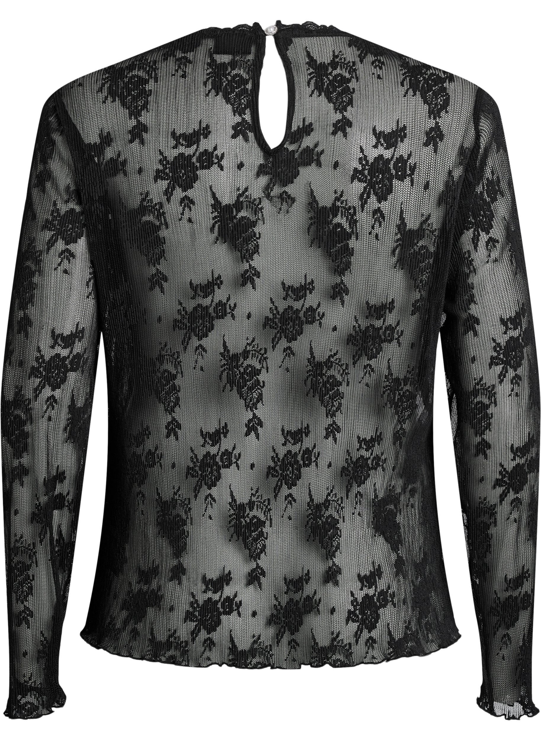 Zizzifashion Long-sleeved mesh blouse with lace pattern, Black, Packshot image number 1