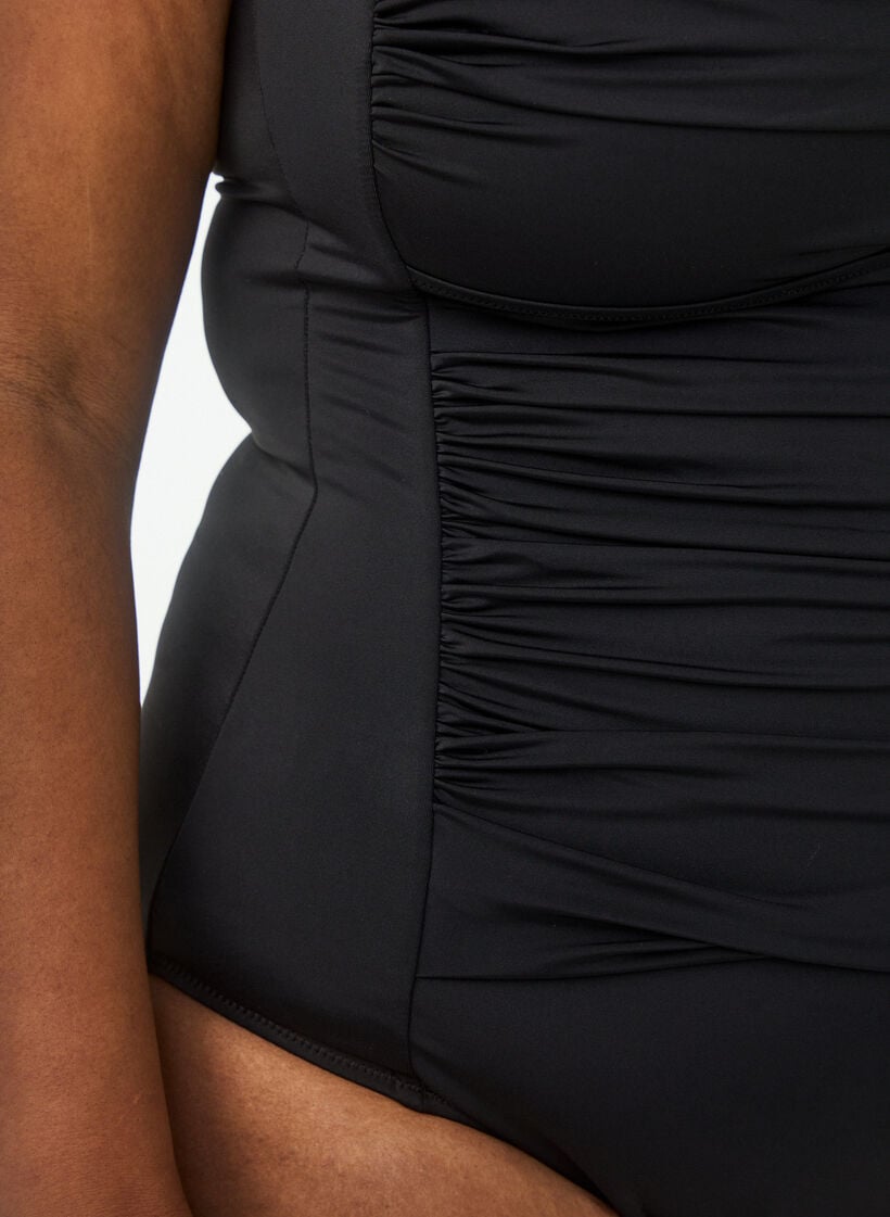 Strapless swimsuit with draping and padded cups, Black, Model