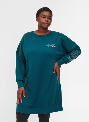 Mottled sweater dress with round neck, Deep Teal, Model image number 0