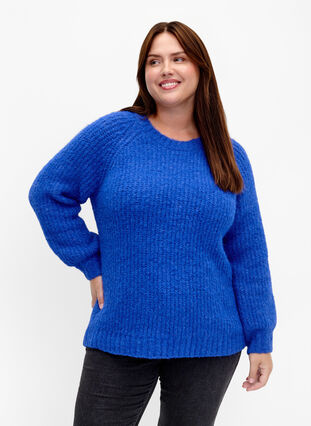 Knitted sweater with wool and raglan sleeves, Princess Blue, Model image number 0