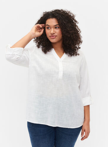 Shirt blouse in cotton with a v-neck, Bright White, Model image number 0