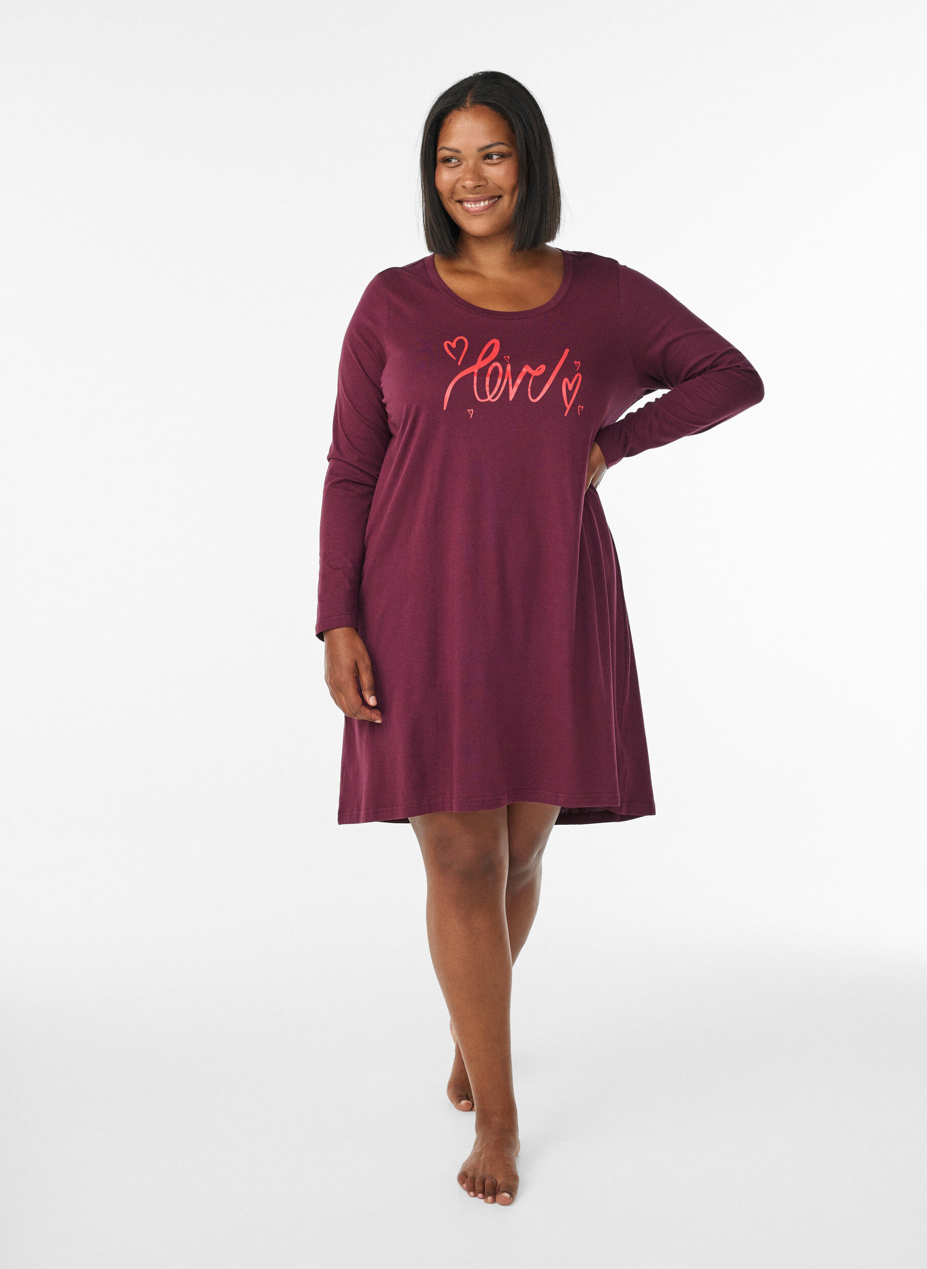 ZizzifashionLong-sleeved nightgown in organic cotton, Red, Model image number 1