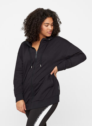 Sweater cardigan with a zip and hood, Black, Model image number 0