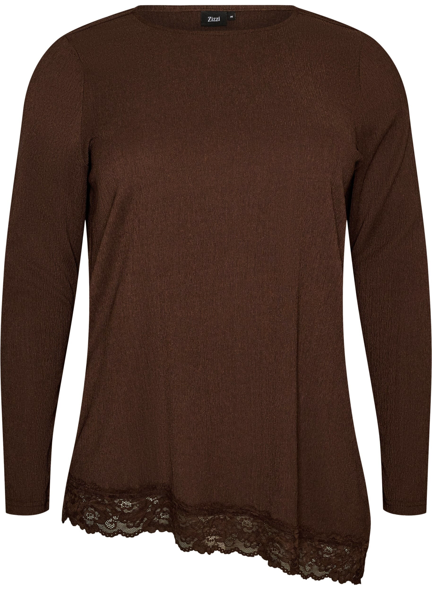 ZizzifashionJersey blouse with asymmetrical lace trim, Brown, Packshot image number 0