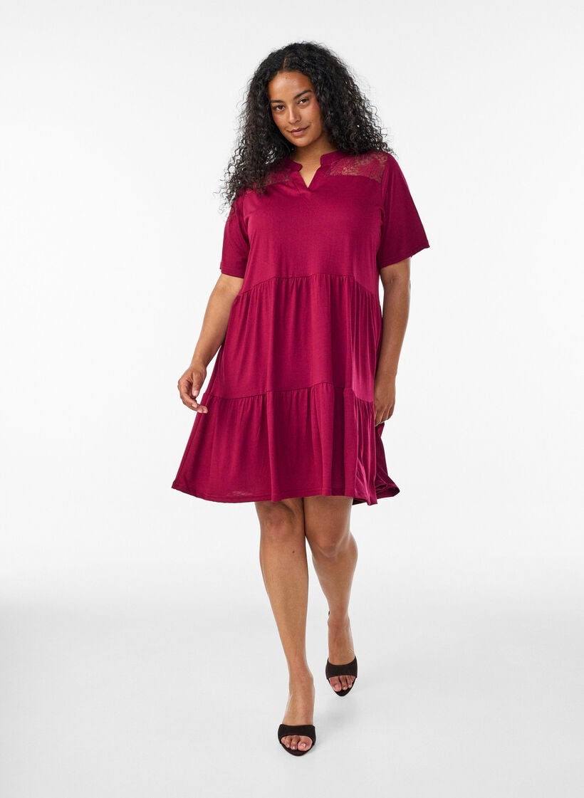 Jersey dress with lace details and a layered skirt, Red, Model image number 1