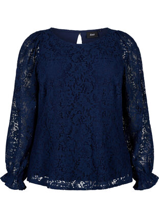 Lace blouse with long sleeves, Navy Blazer, Packshot image number 0