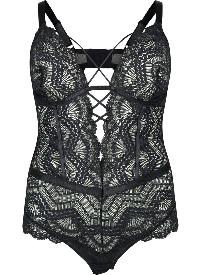 Lace bodystocking with strings, Black, Packshot image number 0