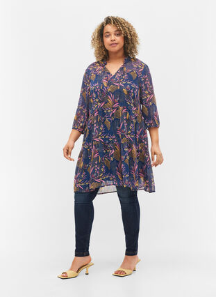 Tunic with floral print and lurex, Blue w. Pink Leaf, Model image number 2