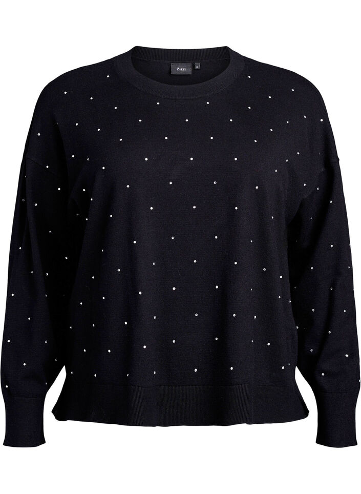 Loose knit blouse with rhinestones, Black, Packshot image number 0
