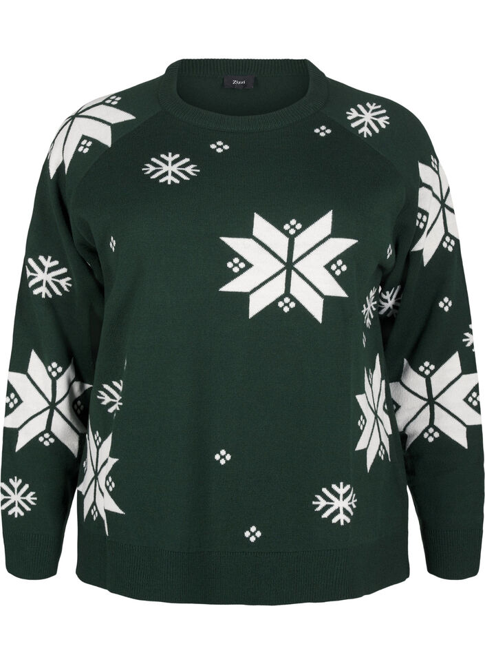Knitted jumper with snowflakes, Green, Packshot image number 0