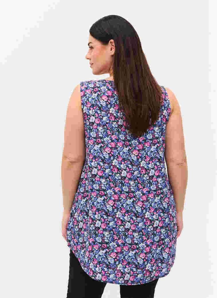 Printed viscose top with buttons, Pink blue Flower , Model image number 1