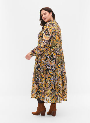Printed midi dress with buttons, Yellow Aztec AOP, Model image number 1