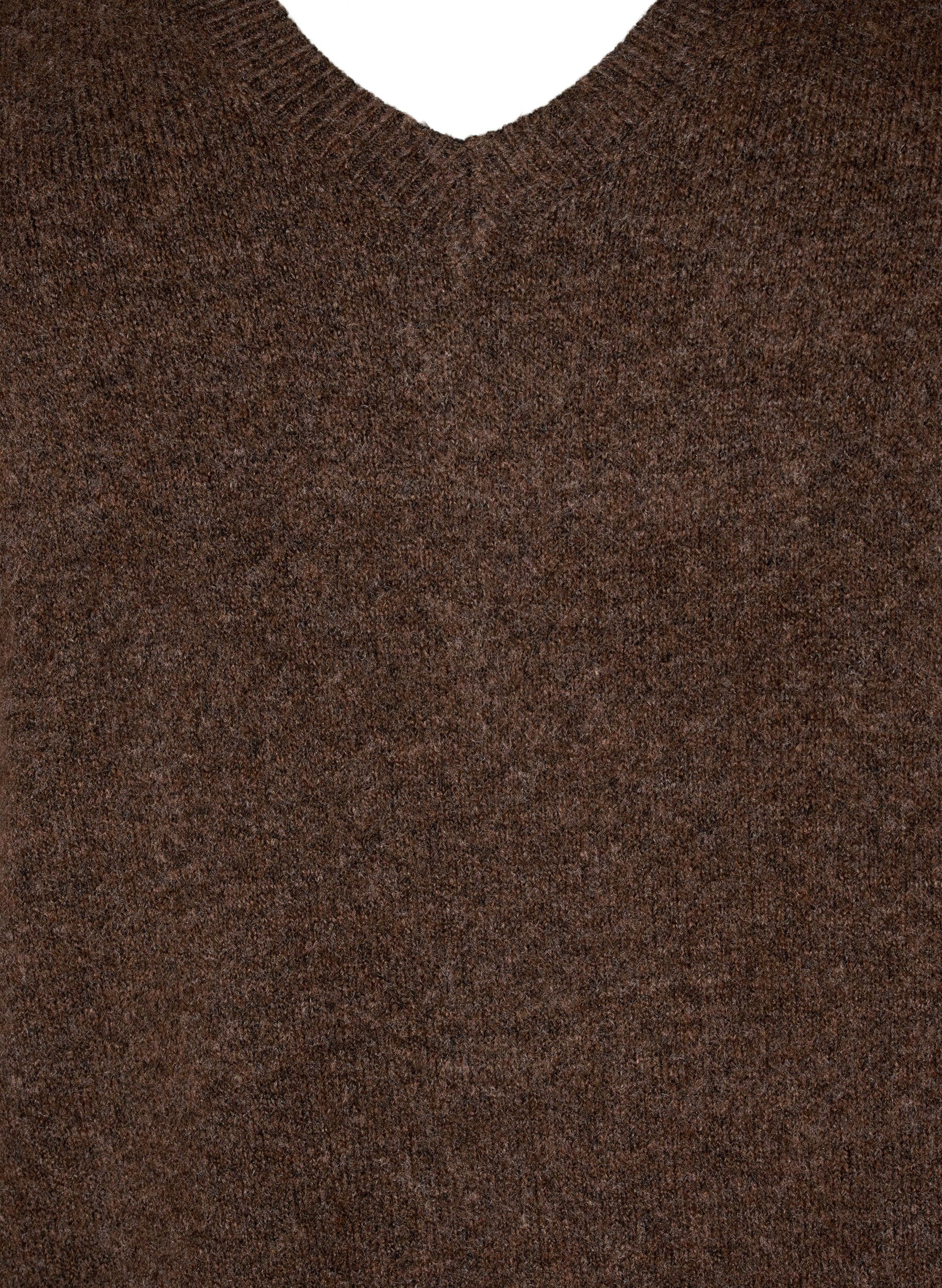 ZizzifashionLong-sleeved knitted dress with V-neck, Brown, Packshot image number 2