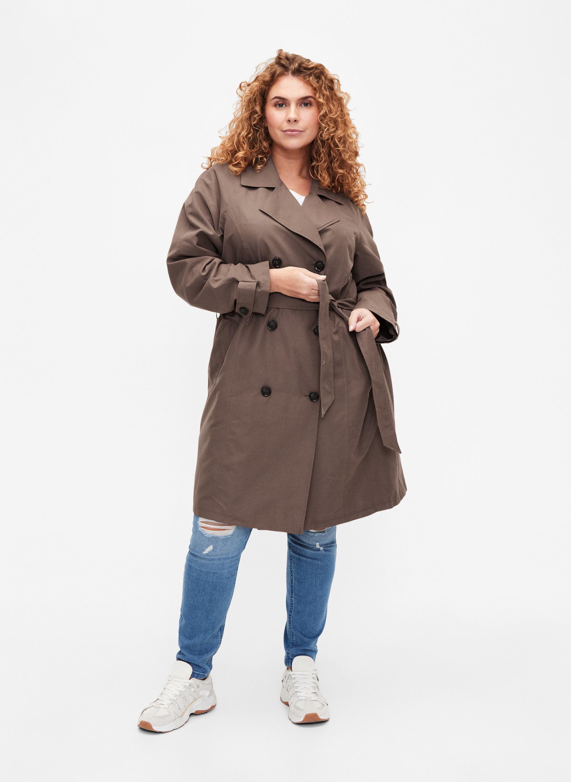 Zizzifashion Trench coat with belt and slit, Chocolate Chip, Model image number 2