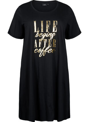 Short-sleeved nightgown in organic cotton (GOTS), Black W. Life , Packshot image number 0