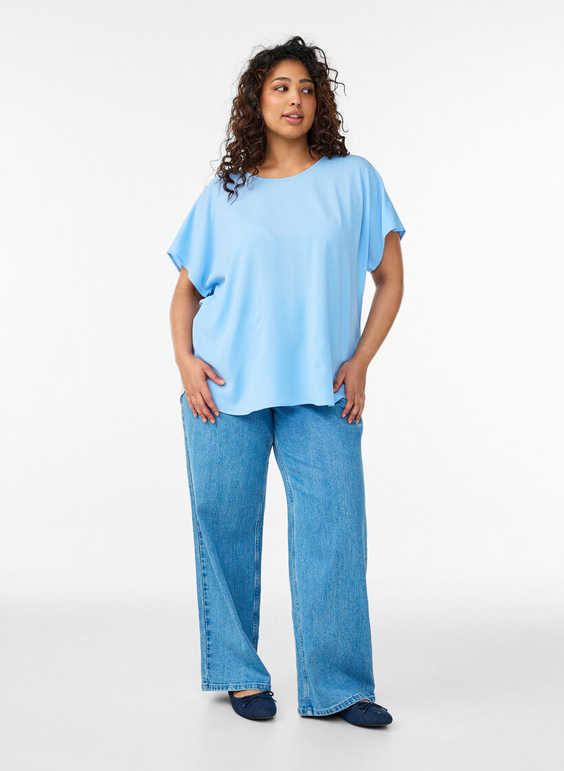 Blouse with short sleeves and a round neckline, Blue, Model image number 1