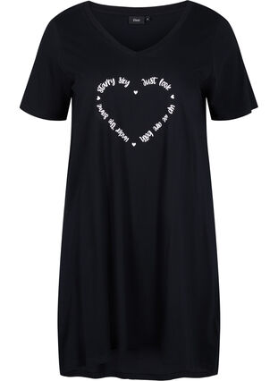 Short-sleeved cotton night dress, Black w. White HEART, Packshot image number 0
