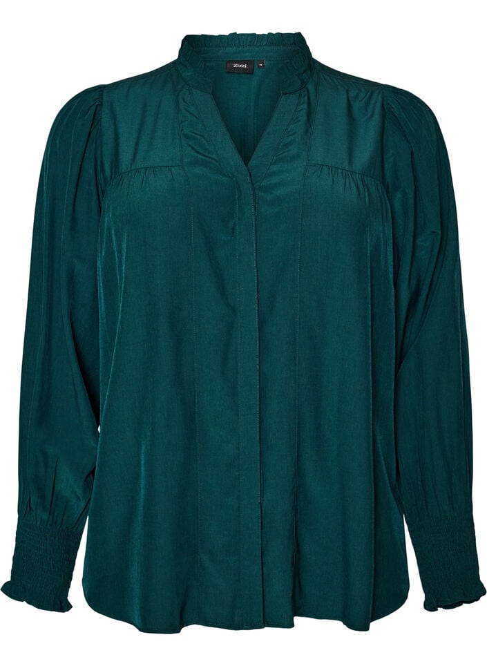 Blouse with ruffle collar and ruching, Green, Packshot image number 0