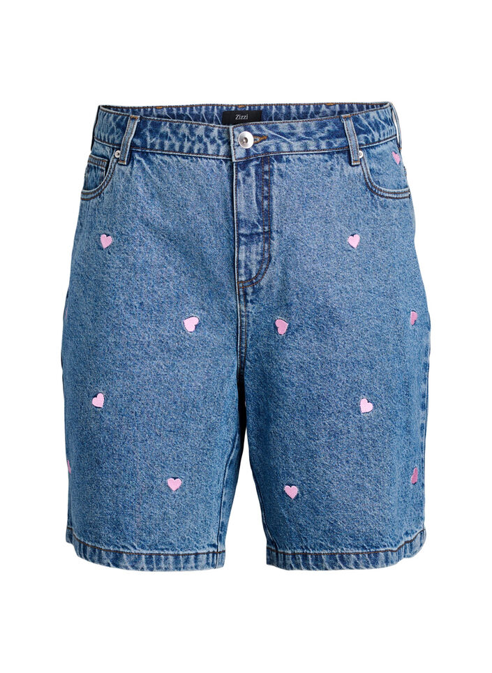High-waist denim shorts with embroidered hearts, Light Blue, Packshot image number 0