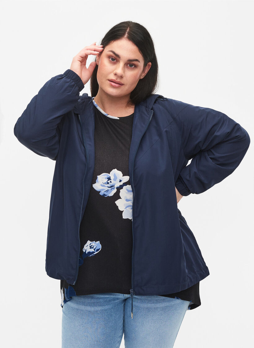 Short jacket with hood and adjustable bottom, Navy Blazer, Model image number 0