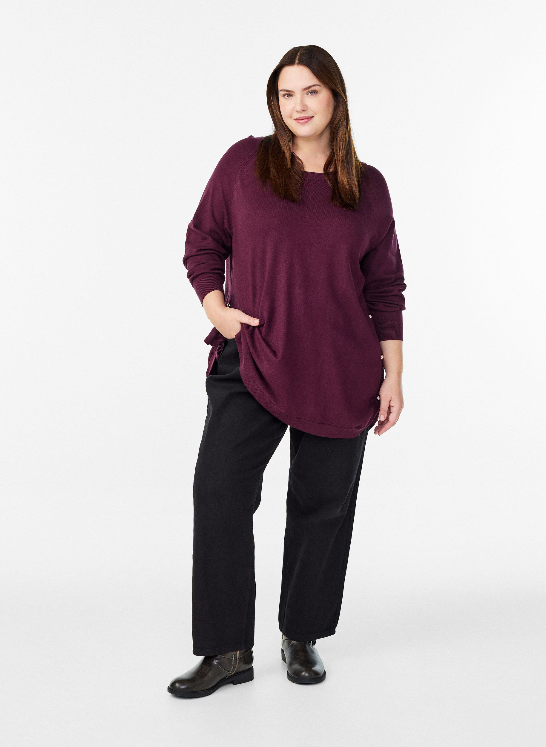 Zizzifashion Knitted blouse with side buttons, Red, Model image number 1