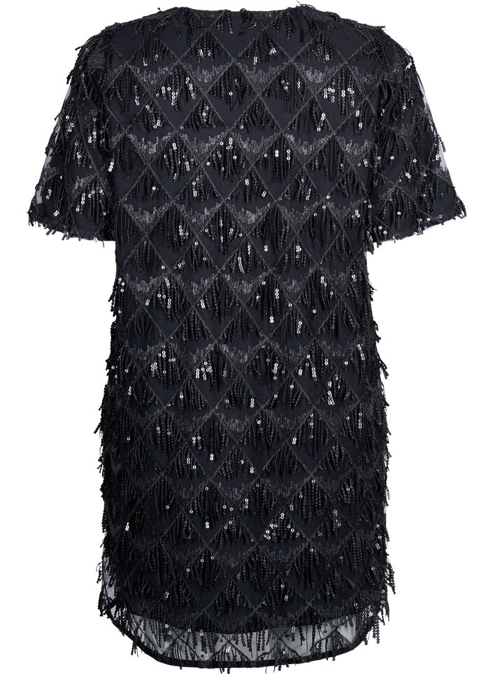 Short dress with sequin fringes, Black, Packshot image number 1