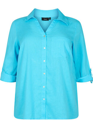 Shirt blouse with button closure in cotton-linen blend, Blue Atoll, Packshot image number 0