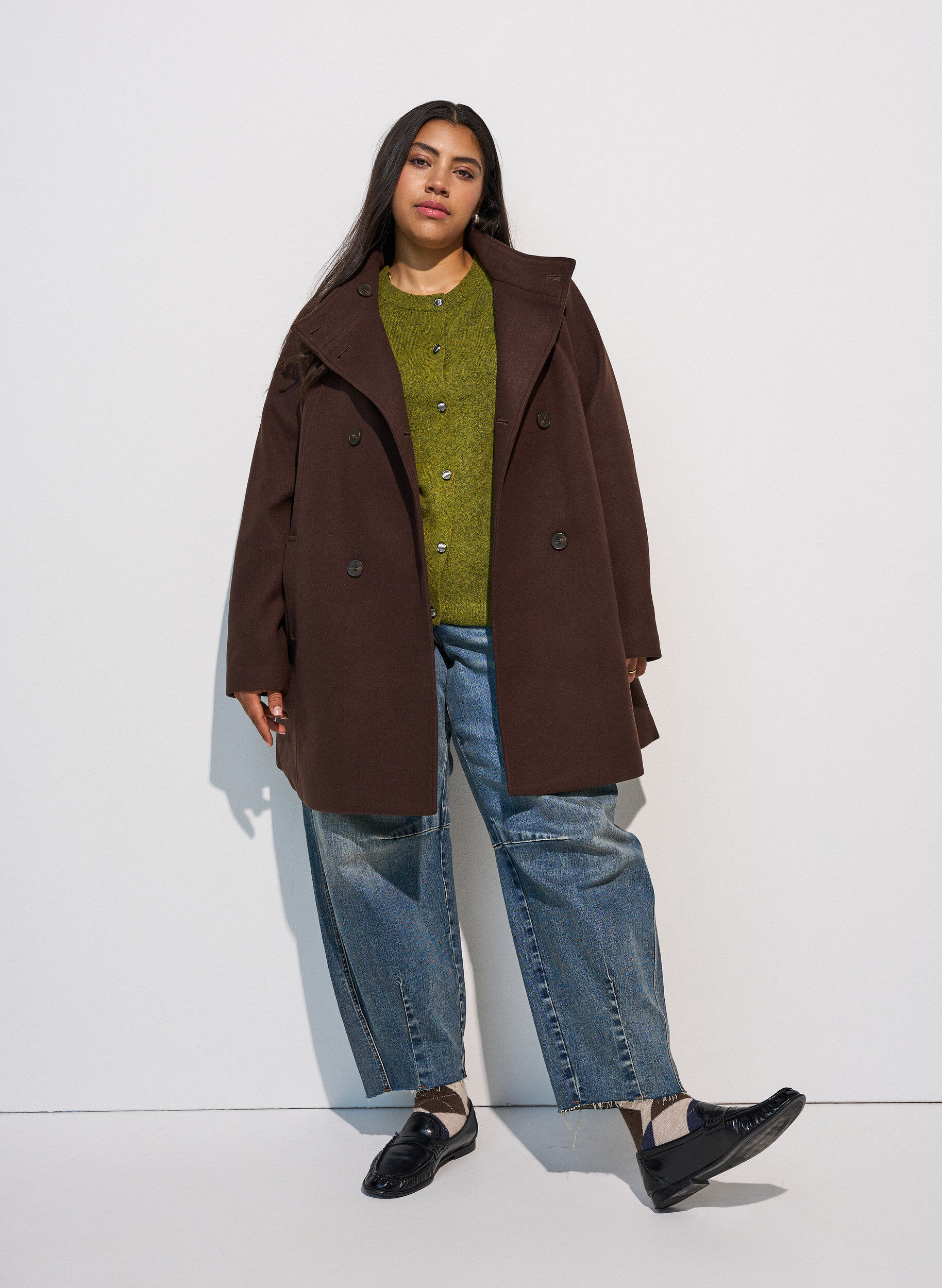 ZizzifashionShort coat with A-line shape, Brown, Model image number 1