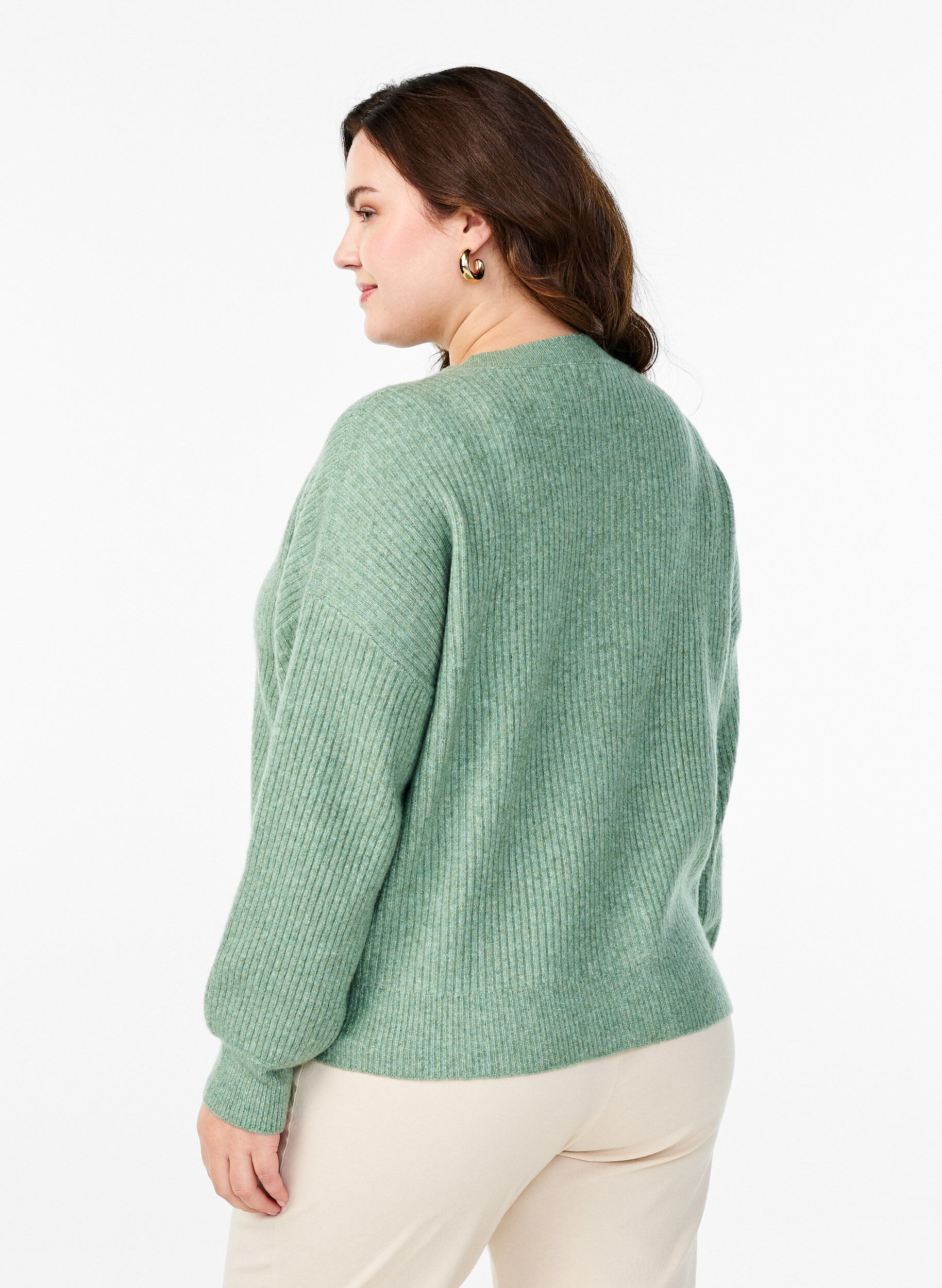 Zizzifashion Ribbed cardigan with buttons, Green, Model image number 2